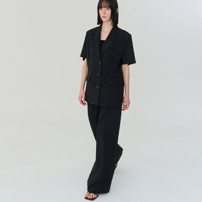 THREE PINTUCK SUMMER WOOL PANTS (BLACK)