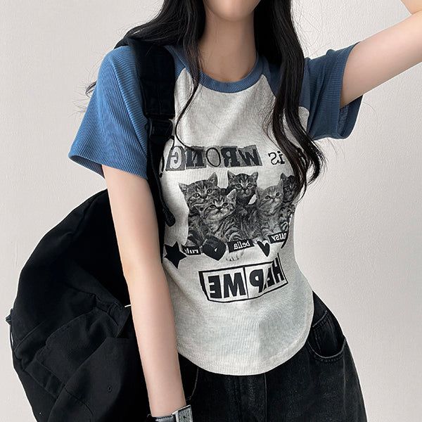 hijjoo（ハイチュー）の「Dury Cat Raglan V-neck Knit Cropped T-shirt（Tops）」