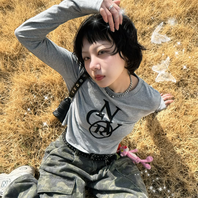 CIRCLE STITCH CROP LONG SLEEVE-GRAY