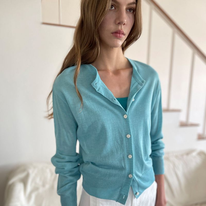 Summer Linen Round Neck Cardigan_Aqua Blue
