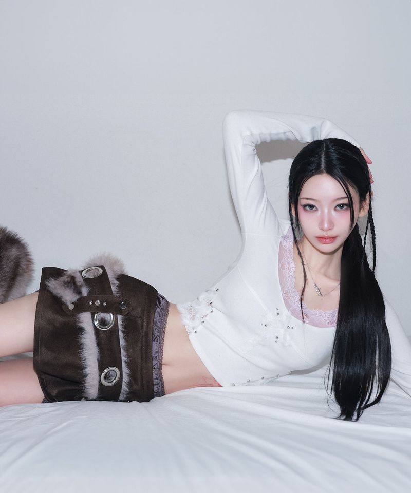fur loop eyelet belt - beige