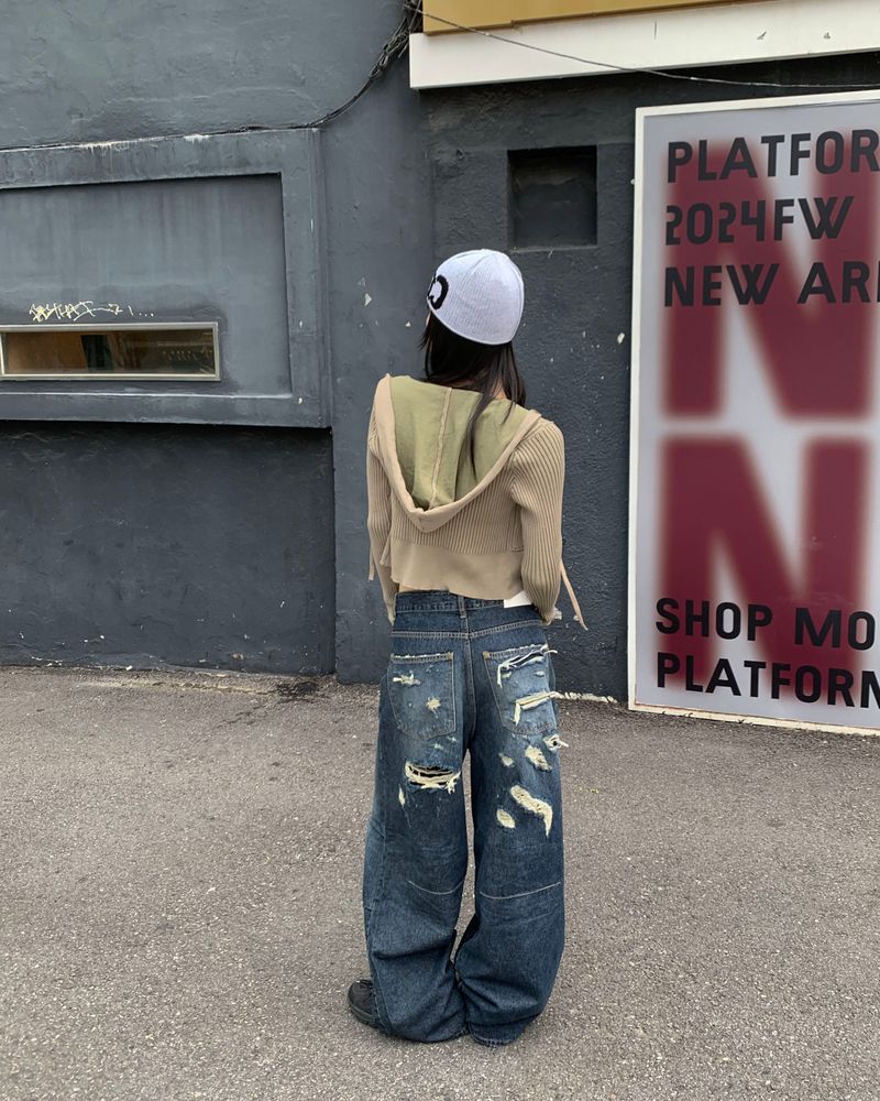 Back damage denim pants