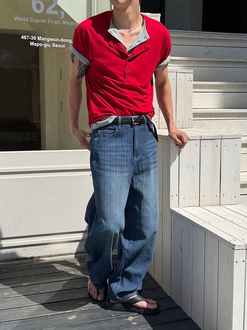 Washed stripe wide denim pants(3color)