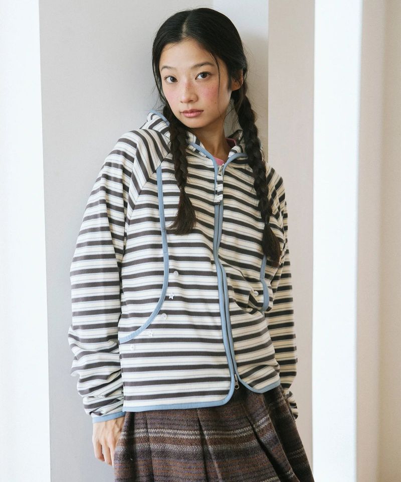 cavish（カビシ）の「MULTI STRIPED FLEECE ZIP UP HOODIE GREY(CV2GFFM482A)（Tops）」
