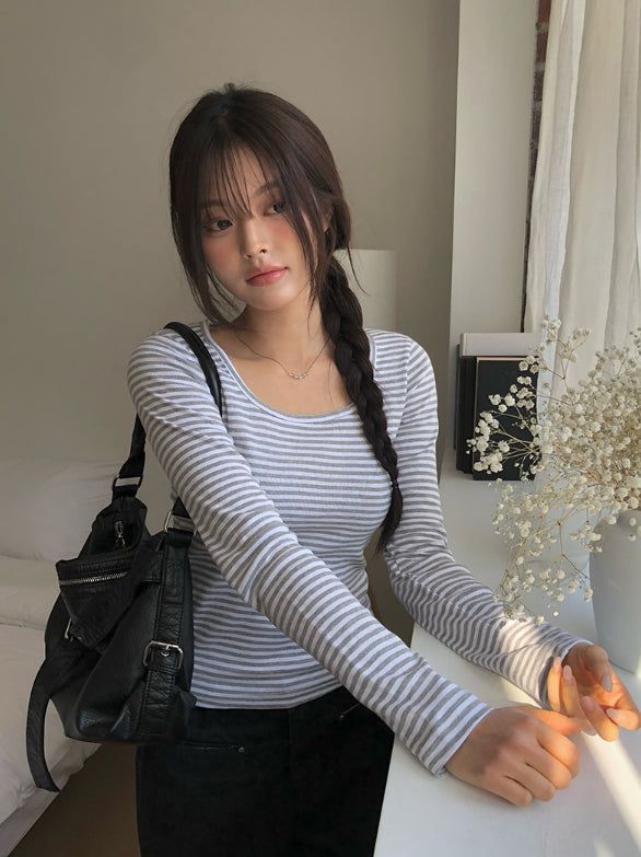 anyonemore（エニーワンモアー）の「Birken Stripe Square Slim T-Shirt（Tops）」