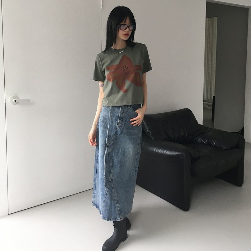 タップス ベルトセット スリットデニムロングスカート