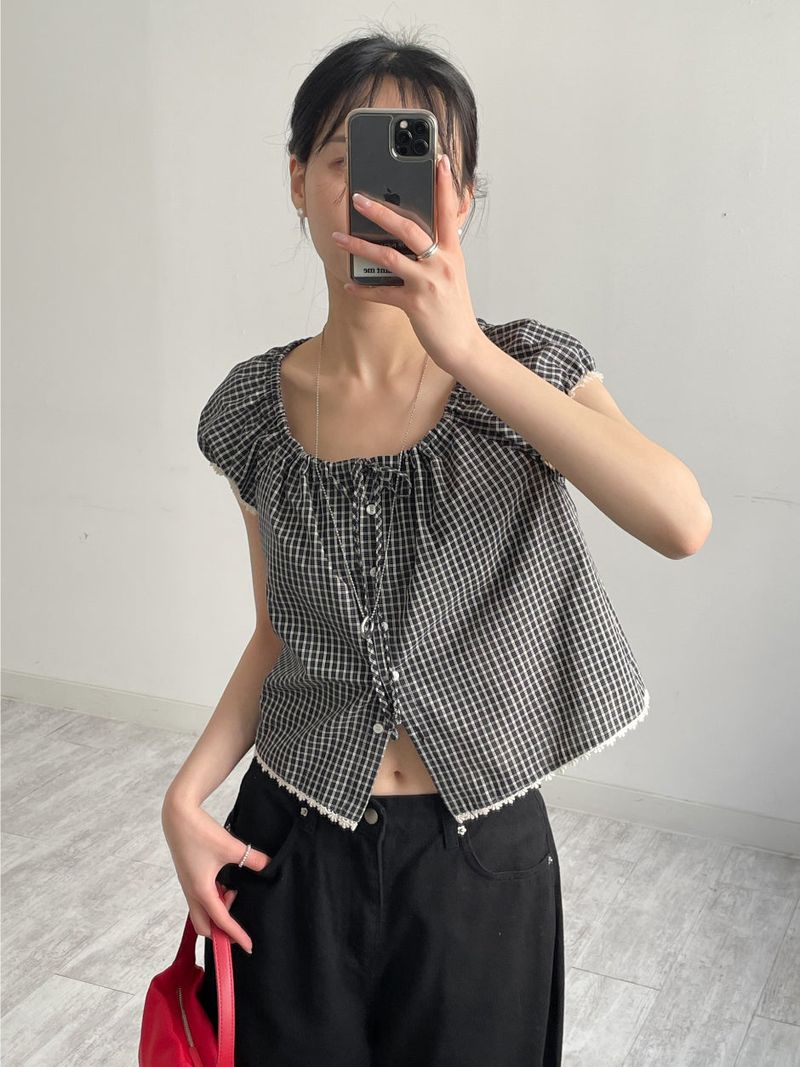 INCHANT ME(インチャントミー)の「Lace Check Cap Sleeve Blouse(Tops)」