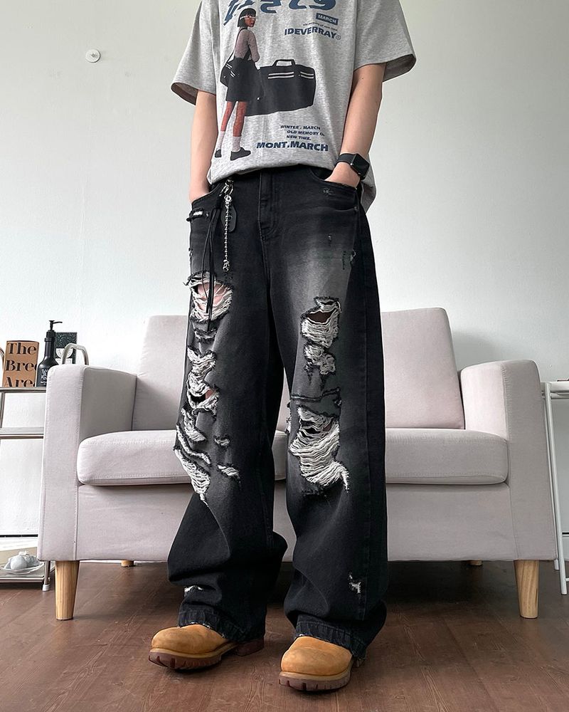 Destroyed brush denim pants