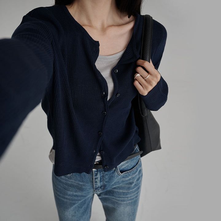 [Lavern] Ribbed Round-Neck Long-Sleeve Cardigan - 6 Colors