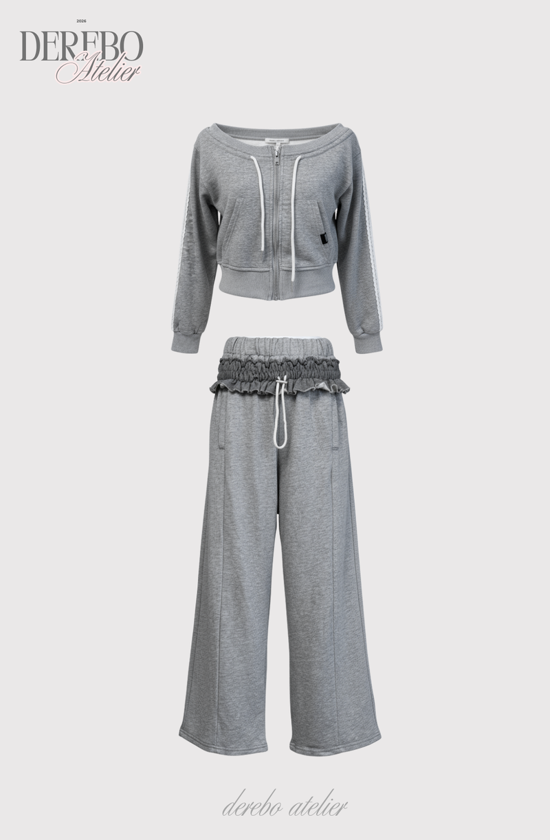 Grey off-shoulder zip-up frill training setup (SET)