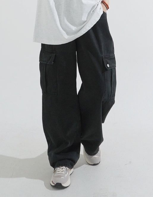 ストリングウエストワイドカーゴデニムパンツ