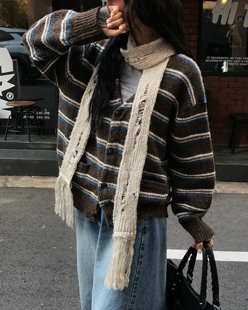 [ORIGINAL] Sand Stripe Oversized Wool Cardigan