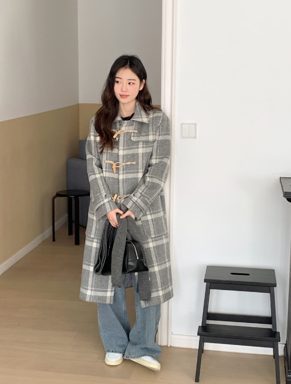 [SHOPPERMADE] Ash Gray Check Wool Long Duffle Coat