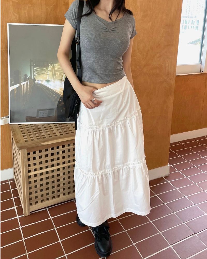 Pudie A-line Cotton Shirring Long Skirt 3C