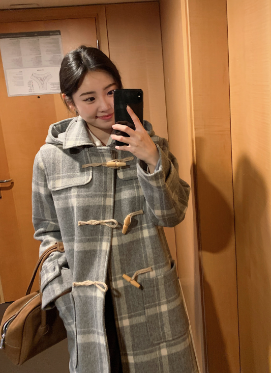[SHOPPERMADE] Ash Gray Check Wool Long Duffle Coat