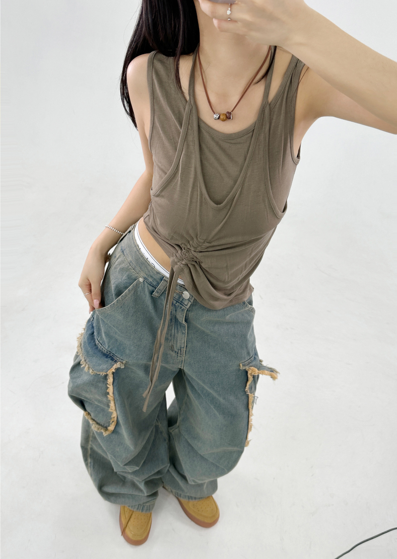 LAYERED SHIRRING POINT SLEEVELESS🤎💚🖤🤍 - 4 COLORS
