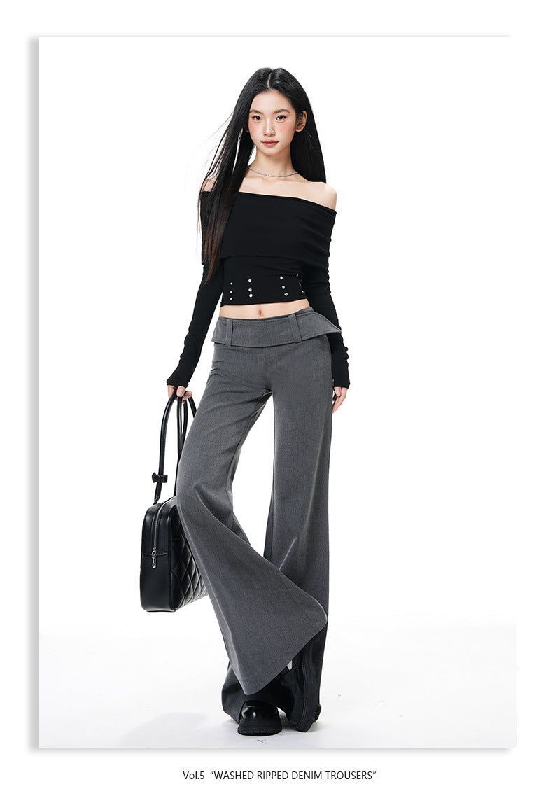 French Low-Waist Micro Flare Slacks – Tailored Slim Wide Casual Pants