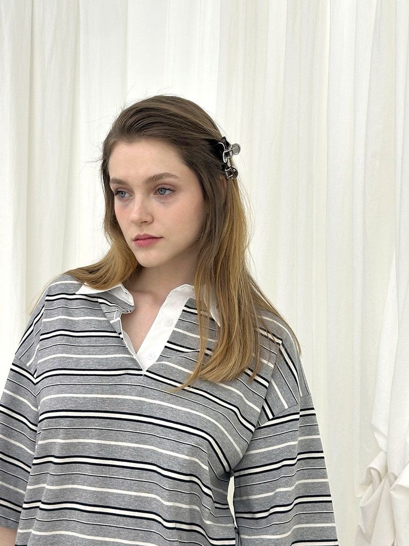 AURORA STRIPE COLLAR T-SHIRT / GREY