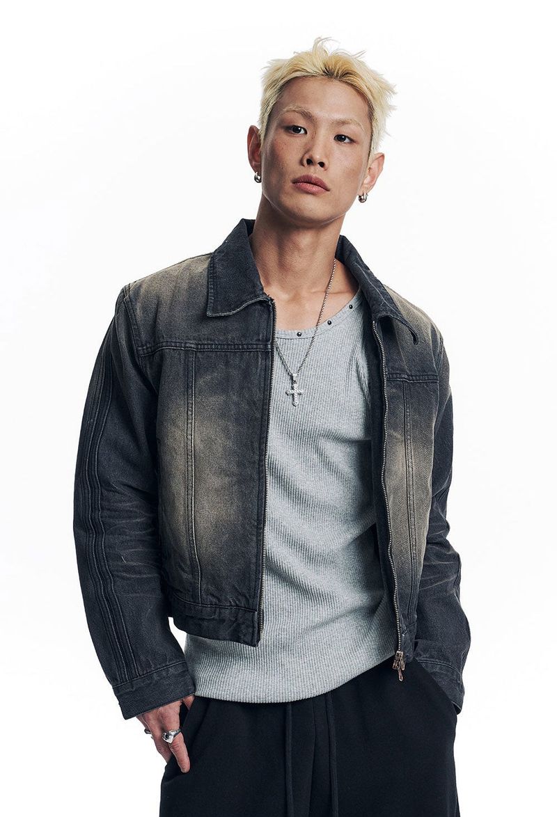 Washed Crop Track Denim Jacket - Black