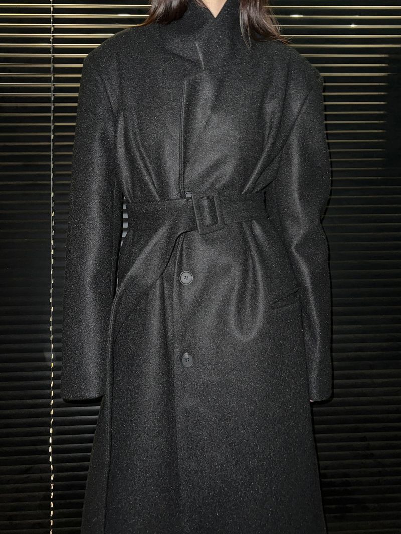 [UNISEX] Wool back button maxi long coat (Black)