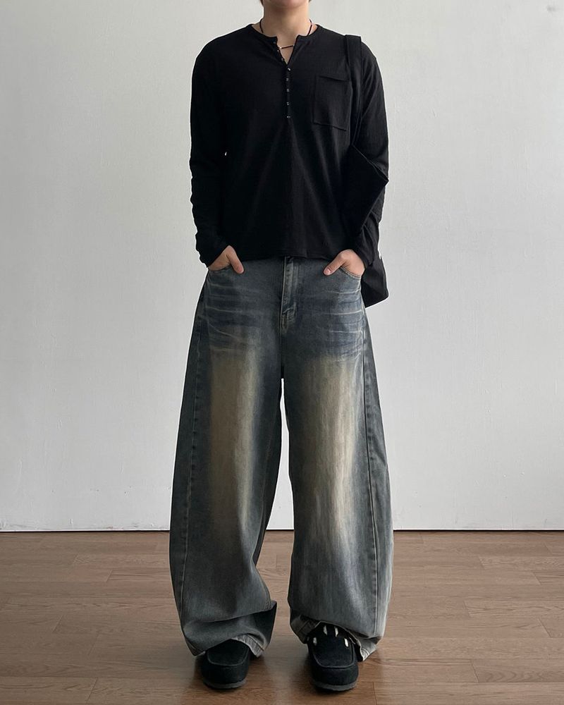 Pochi Slub Henely Neck Long Sleeve T