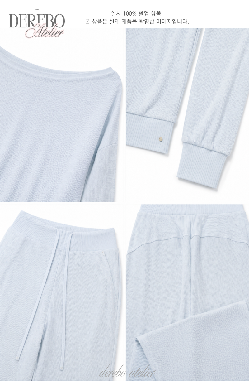 Waffle Asymmetrical Off-Shoulder Sweat Pants Set (TOP+PANTS SET)