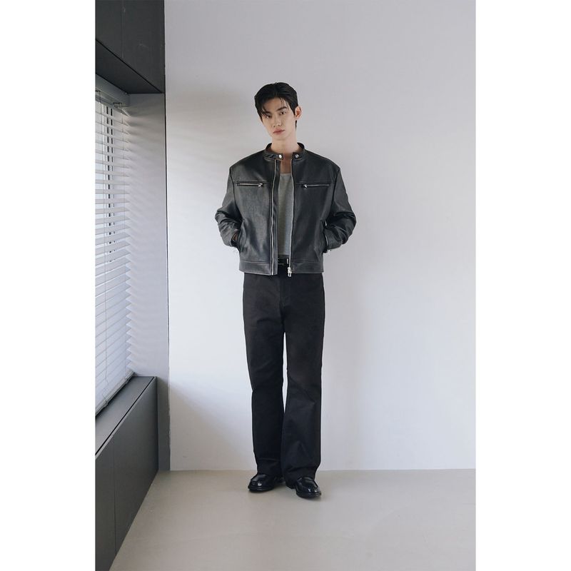 Essential cracked leather biker jacket(Black)