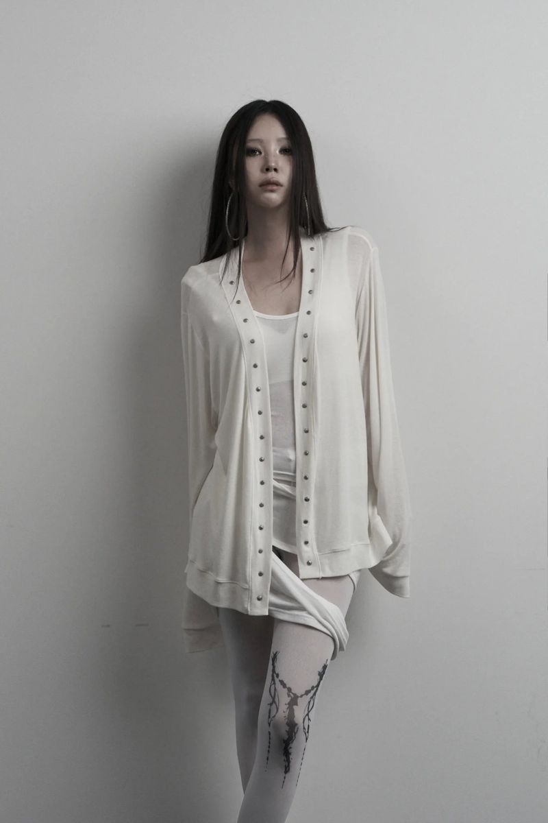 [label] wool rivet overfit open cardigan (ivory)