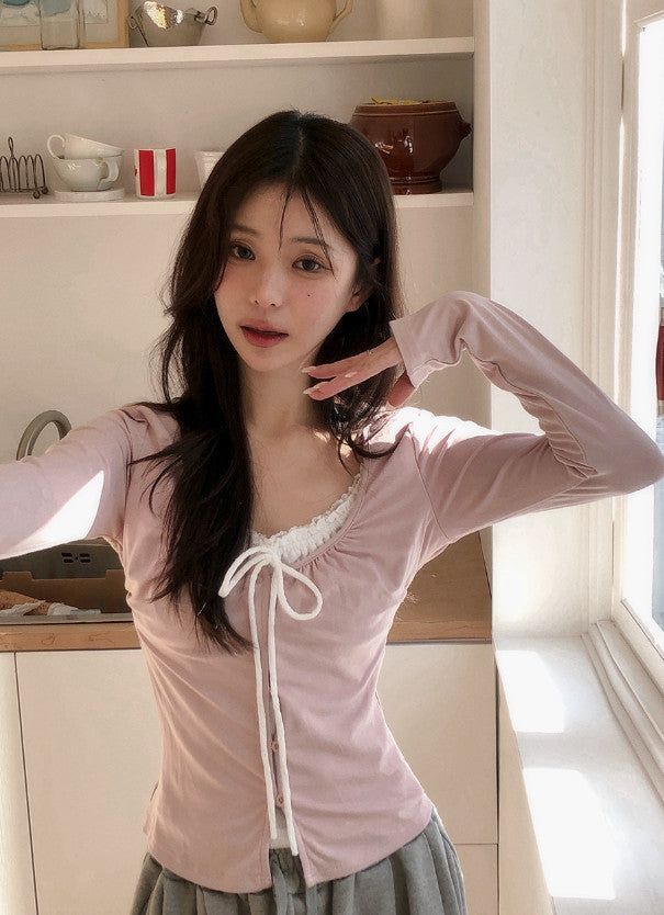 SHOPPERLAND（ショッパーランド）の「#Baby Lace Ribbon Layered Cardigan T-shirt (4color)（Tops）」