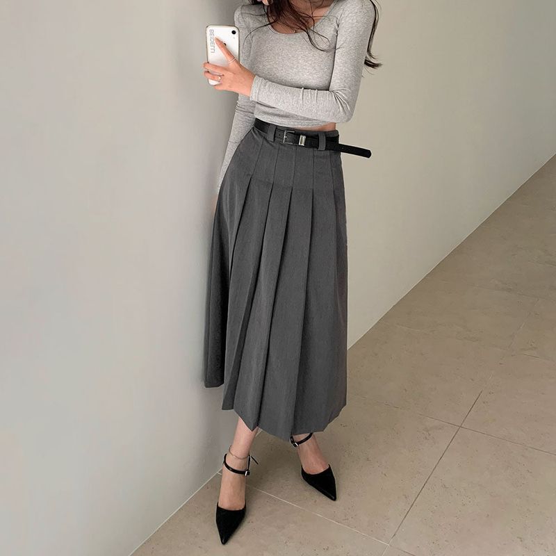 [Belt set/Recommended!] Rose Pleated Long Skirt