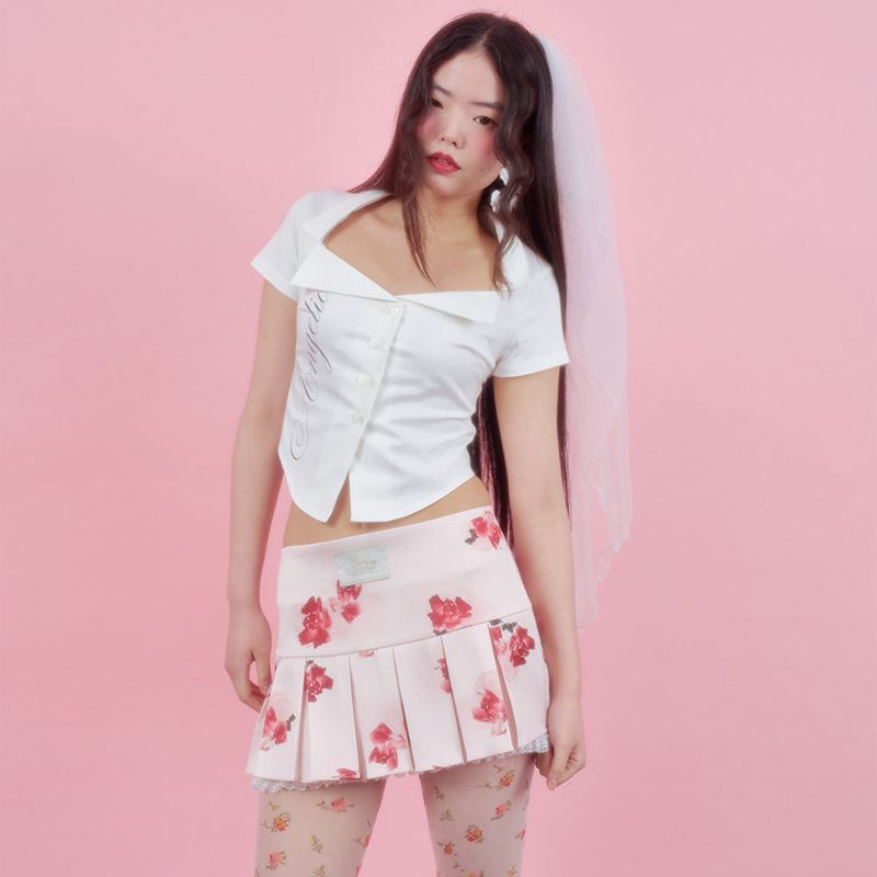 FLORAL LACE PLEATS SKIRT [PINK]