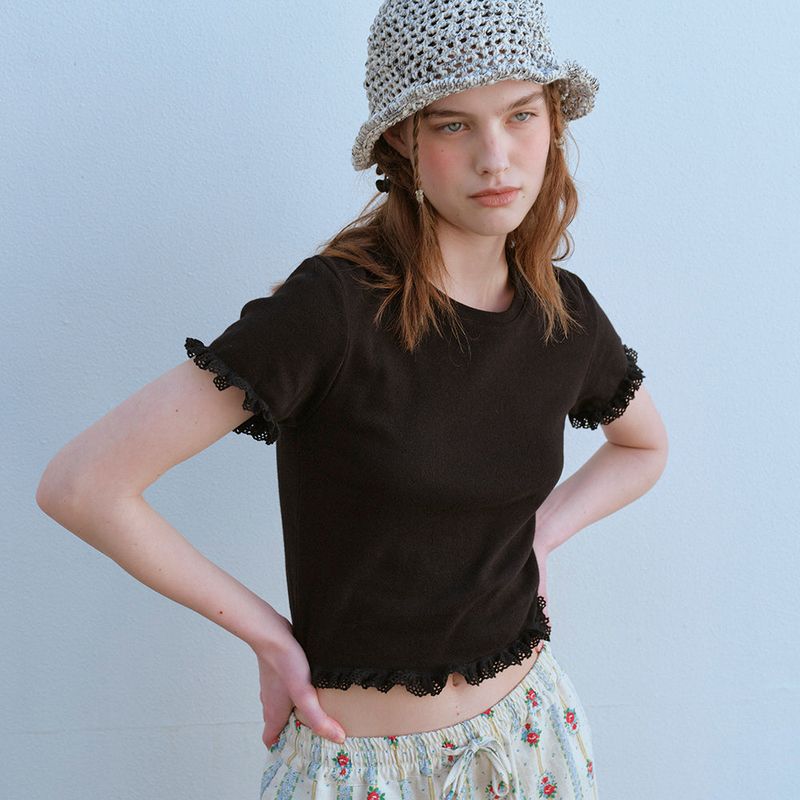 FUN FROM FUN(ファンフロムファン)の「 LACE HEM HALF SLEEVE TEE, BLACK(Tops)」