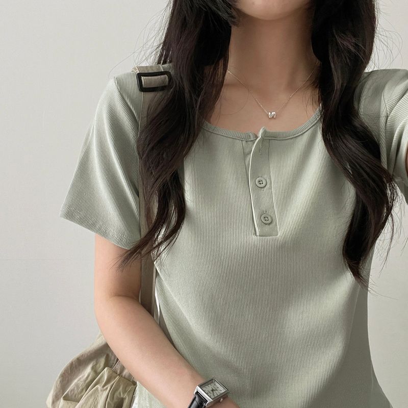 Waddoo hem round button short sleeve tee