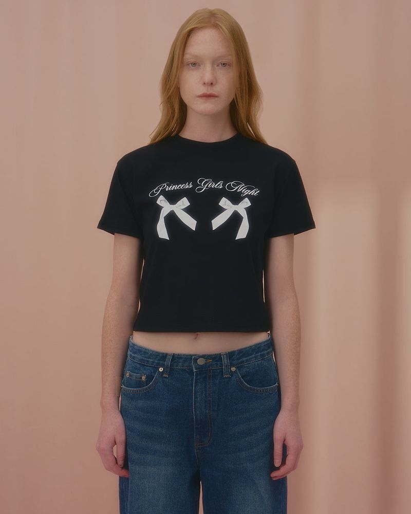 PRINCESS TWIN RIBBON CROP TSHIRT-BLACK