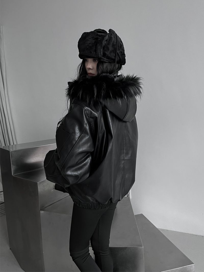 overfit fur hood leather jacket