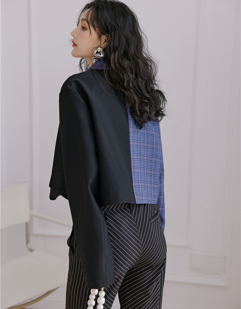 Blue check pattern unbalanced tailored short jacket