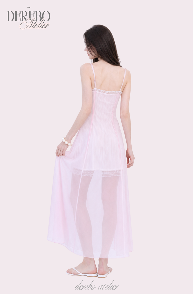 Pink chiffon see-through long dress