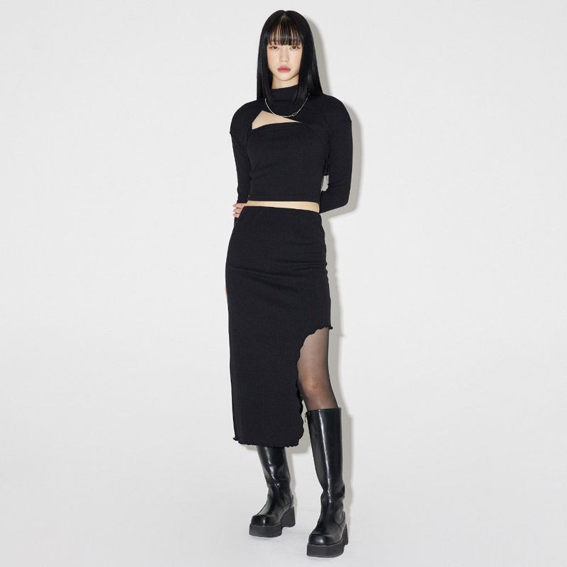 サイドオフミディアムスカート / Side-off Midi Skirt [BLACK]