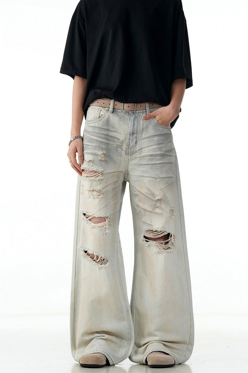 Faded Ripped Wide Jeans