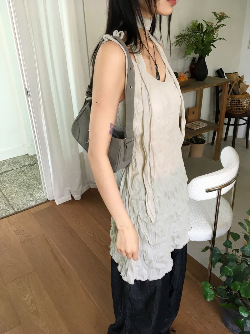 [Muffler set] Lucing Wrinkle Ribbon Strap Sleeveless Dress