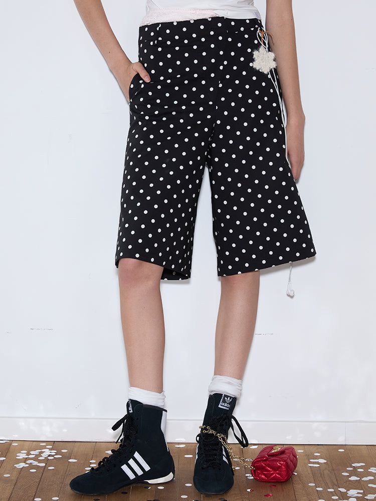 rirri 25 Spring/Summer Collection - カジュアルブラック&ホワイトポルカドットクロップドパンツ (高密度コットン100%)