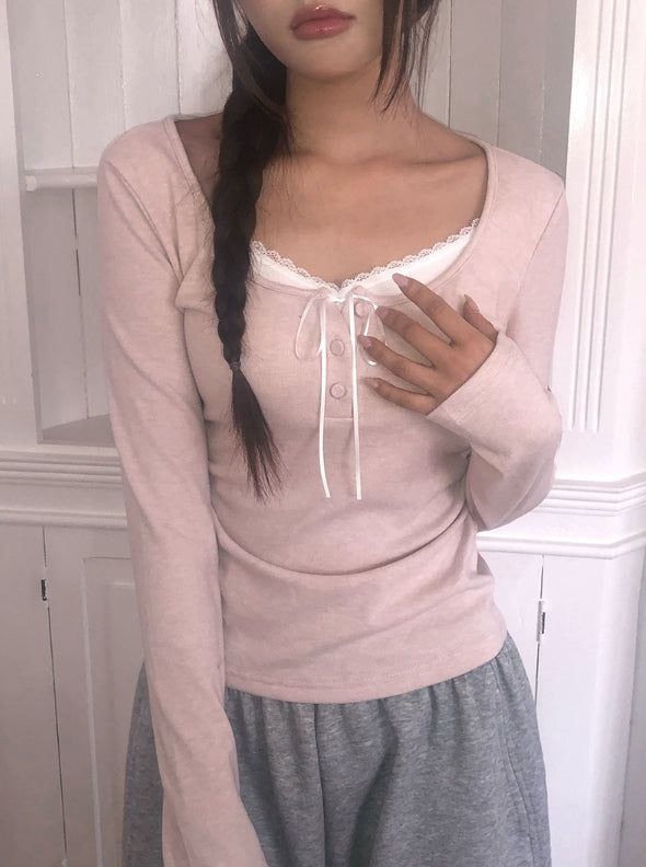 Sojin Lace Shirring Button T-Shirt