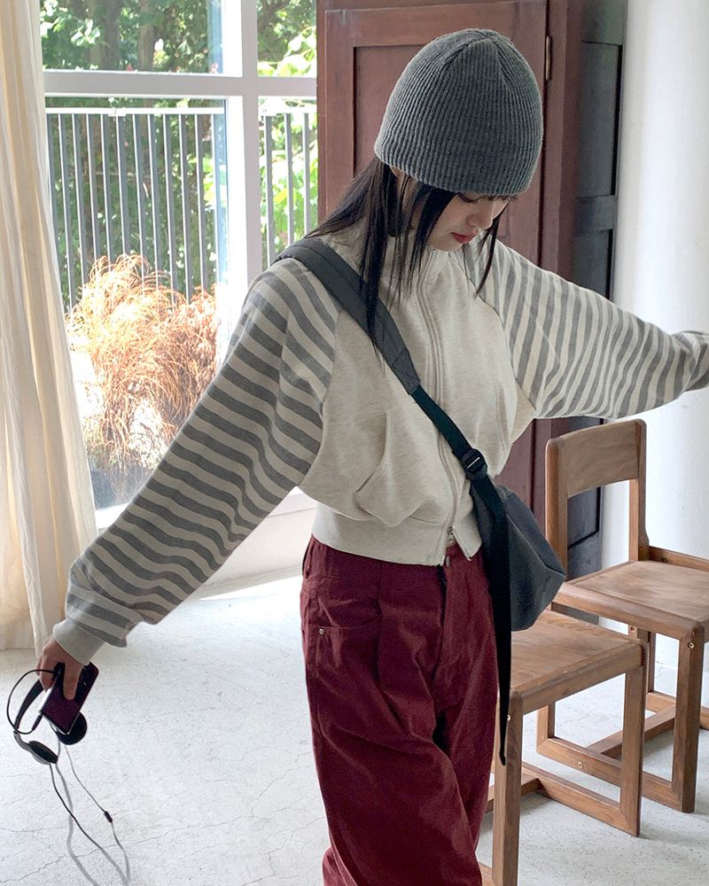 Choit Stripe Coloring Half Neck Two-Way Cropped Zip-Up