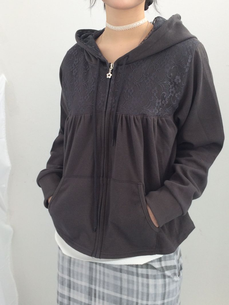 Flower Lace Half-Shirring Hooded Zip-Up