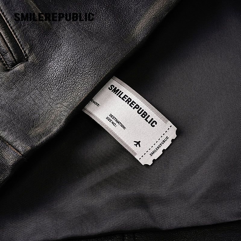 Brown Distressed PU Coated Faux Leather Oversized Asymmetrical Zip Jacket with Logo Back