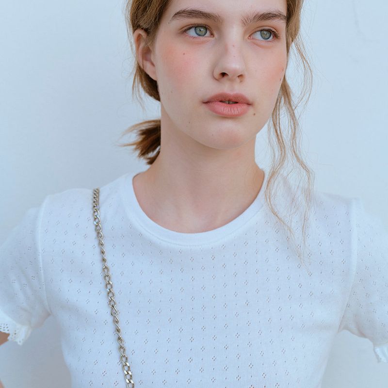 LACE HEM HALF SLEEVE TEE, WHITE