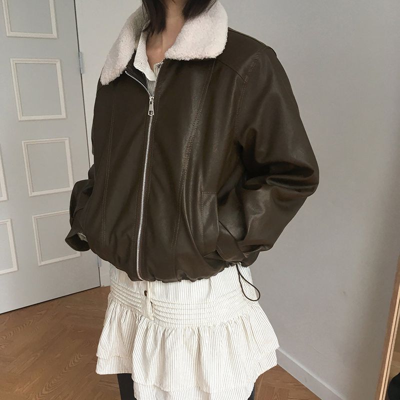 Zizhen wool loose fit leather suede jacket