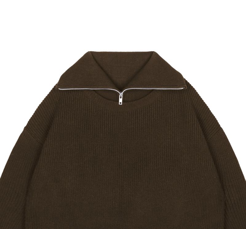 neck warmer wide collar zip-up knit brown
