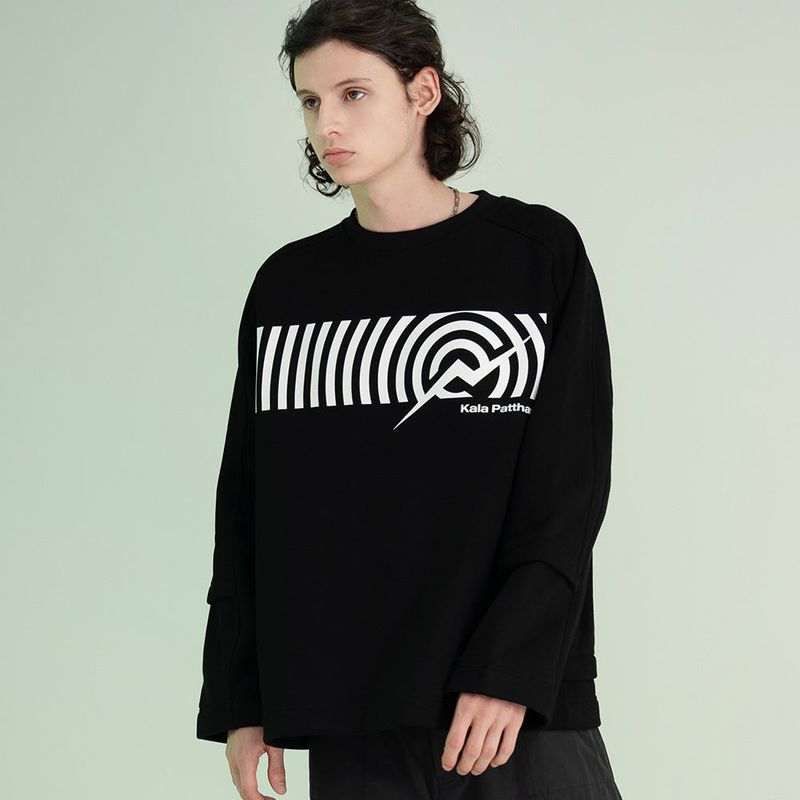 Cotton Napping Round Sweat Shirt - BLACK