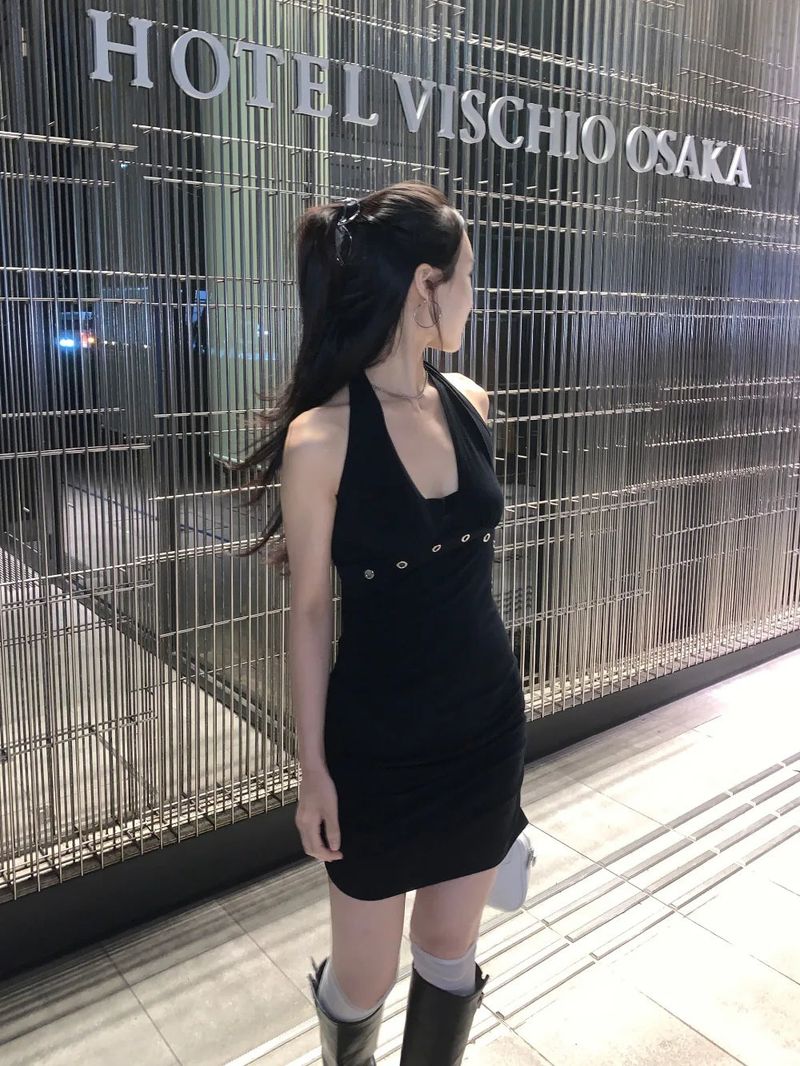 After Eyelet Halter Shirring Mini Dress 